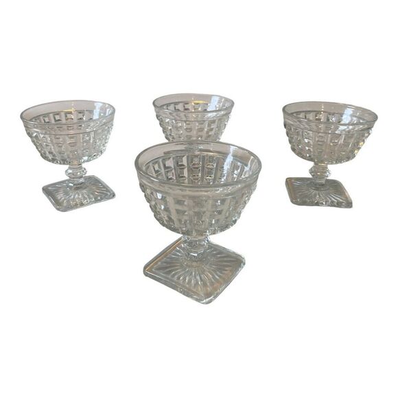 Set of 4 Imperial Monticello Waffle Crystal Glass Sherbets w Square Base - Picture 4 of 8